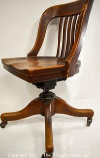 Vintage Industrial Oak Pedestal Swivel Office Chair. 