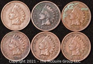 Numismatic: U.S. Coins: (6) Indian Head Cents