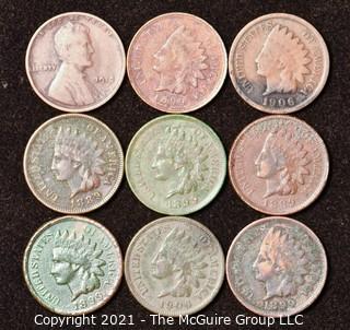 Numismatic: U.S. Coins: (9) Indian Head Cents