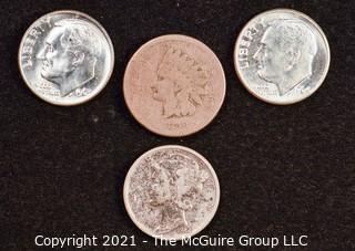 Numismatic: U.S. Coins: (1) Indian Head Cent; (1) Mercury Dime and (2) Roosevelt Dimes