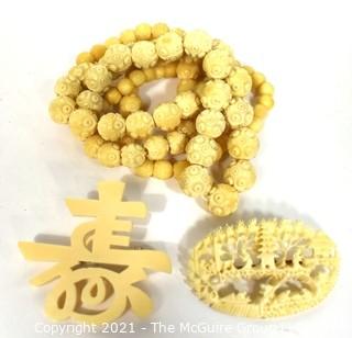 Three (3) Pieces of Vintage of Asian Bone Carved Jewelry 