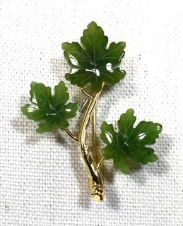 Green Jade or Agate with Gold Filled Leaves Brooch