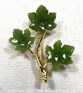 Green Jade or Agate with Gold Filled Leaves Brooch