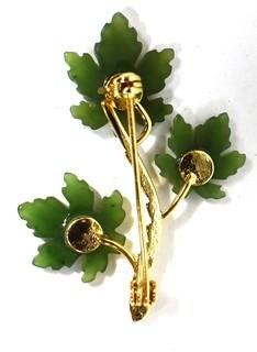 Green Jade or Agate with Gold Filled Leaves Brooch