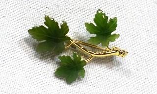 Green Jade or Agate with Gold Filled Leaves Brooch