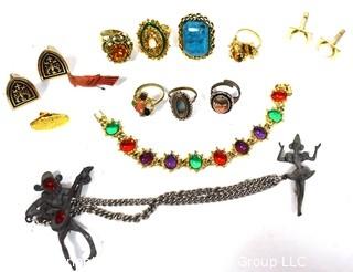 Costume Jewelry Including Adjustible Rings, Cuff Links, Brooch & Bracelet. 