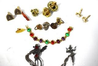 Costume Jewelry Including Adjustible Rings, Cuff Links, Brooch & Bracelet. 