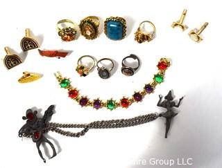 Costume Jewelry Including Adjustible Rings, Cuff Links, Brooch & Bracelet. 