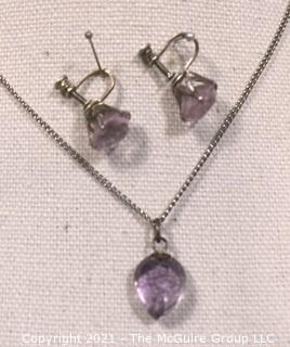  Vintage Set of  Faceted Teardrop Purple Amethyst Pendant on Sterling Chain and Screw Back Dangle Earrings. 