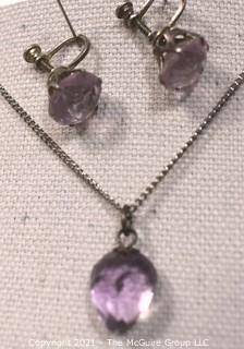  Vintage Set of  Faceted Teardrop Purple Amethyst Pendant on Sterling Chain and Screw Back Dangle Earrings. 