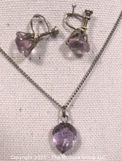  Vintage Set of  Faceted Teardrop Purple Amethyst Pendant on Sterling Chain and Screw Back Dangle Earrings. 