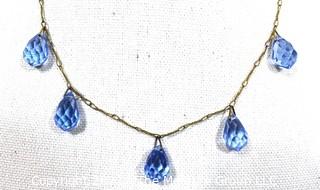 Vintage Necklace with Four (4) Faceted Teardrop Blue Gemstone Pendants on Brass Chain