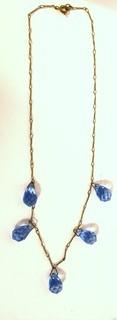 Vintage Necklace with Four (4) Faceted Teardrop Blue Gemstone Pendants on Brass Chain