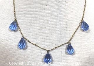 Vintage Necklace with Four (4) Faceted Teardrop Blue Gemstone Pendants on Brass Chain