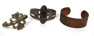 Set of Three (3) Hand Wrought Cuff Bracelets, One Native American with Stone Center. 