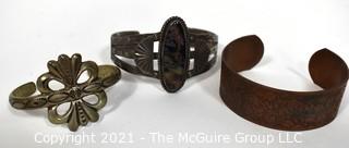 Set of Three (3) Hand Wrought Cuff Bracelets, One Native American with Stone Center. 