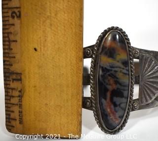 Set of Three (3) Hand Wrought Cuff Bracelets, One Native American with Stone Center. 