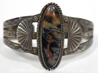 Set of Three (3) Hand Wrought Cuff Bracelets, One Native American with Stone Center. 