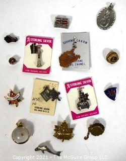 Group of Vintage Sterling Silver Souvenir Charms and Pendants.  Includes 1912 RSA Quebec Club Pin School Club Pins