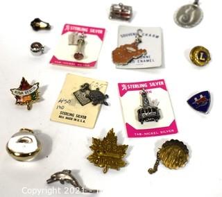 Group of Vintage Sterling Silver Souvenir Charms and Pendants.  Includes 1912 RSA Quebec Club Pin School Club Pins