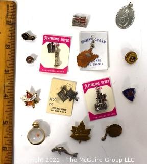 Group of Vintage Sterling Silver Souvenir Charms and Pendants.  Includes 1912 RSA Quebec Club Pin School Club Pins