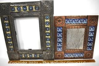 Two (2) Vintage Mexican Punched Tin & Talavera Tile Mirrors or Frames.  Glass Missing.  