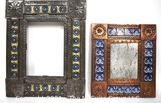 Two (2) Vintage Mexican Punched Tin & Talavera Tile Mirrors or Frames.  Glass Missing.  