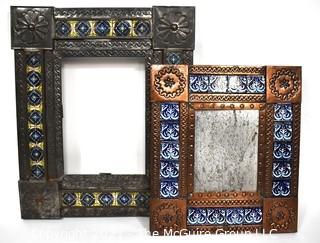 Two (2) Vintage Mexican Punched Tin & Talavera Tile Mirrors or Frames.  Glass Missing.  