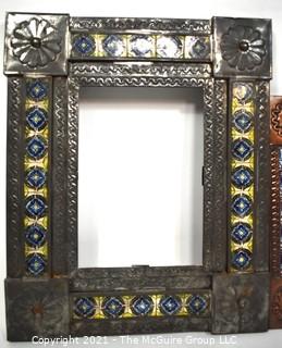 Two (2) Vintage Mexican Punched Tin & Talavera Tile Mirrors or Frames.  Glass Missing.  