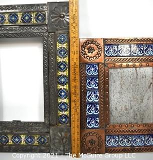 Two (2) Vintage Mexican Punched Tin & Talavera Tile Mirrors or Frames.  Glass Missing.  