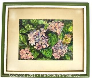 Framed Under Glass Original Watercolor of Hydranga Flowers Signed by Artist E Lloyd Vitol. Measures 23" x 26"