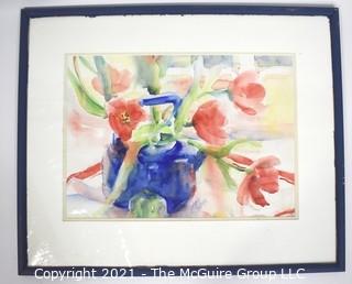 Framed Under Glass Original Watercolor of Tulips in Blue Teapot Signed by Deborah Robinson. Measures 17" x 21" 