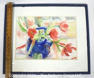 Framed Under Glass Original Watercolor of Tulips in Blue Teapot Signed by Deborah Robinson. Measures 17" x 21" 