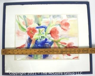 Framed Under Glass Original Watercolor of Tulips in Blue Teapot Signed by Deborah Robinson. Measures 17" x 21" 