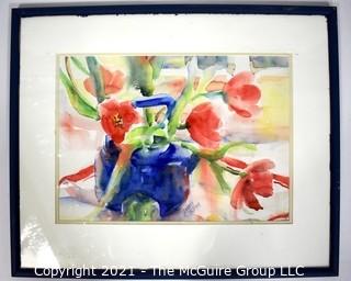 Framed Under Glass Original Watercolor of Tulips in Blue Teapot Signed by Deborah Robinson. Measures 17" x 21" 