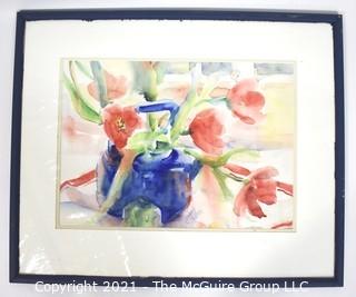 Framed Under Glass Original Watercolor of Tulips in Blue Teapot Signed by Deborah Robinson. Measures 17" x 21" 