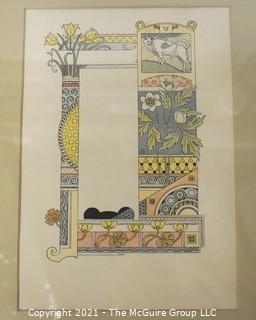 One (1) Framed Under Glass Color Lithograph Illustration Signed by Artist Eugène Grasset from Zodiac Book of Taurus-The Bull. Measures 11" x 15 