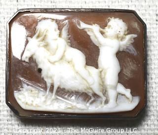 Antique Victorian Hand Carved Shell Cameo Brooch Set In Silver with Cherubs and a Goat.  Measures 1 1/4" x 1" 