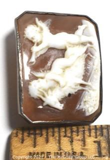 Antique Victorian Hand Carved Shell Cameo Brooch Set In Silver with Cherubs and a Goat.  Measures 1 1/4" x 1" 