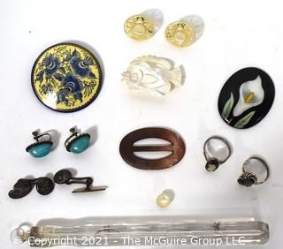 Vintage Jewelry.  Includes Carved Mother of Pearl Earrings and Brooch, Turquoise, and Russian Painted Brooch 