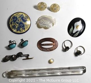 Vintage Jewelry.  Includes Carved Mother of Pearl Earrings and Brooch, Turquoise, and Russian Painted Brooch 