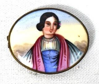 Antique Porcelain Oval Hand Painted Brooch Front.  Missing Clasp.  Measures 2" long. 