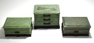 Set of Three (3) Vintage Jade Green Asian Style Celluloid Plastic Jewelry Boxes