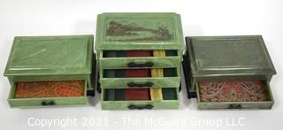 Set of Three (3) Vintage Jade Green Asian Style Celluloid Plastic Jewelry Boxes