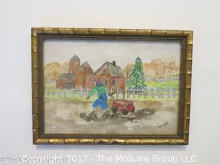 "Boy Pulling Red Wagon", framed watercolor, signed Weigle, lower right; 6 X 8"