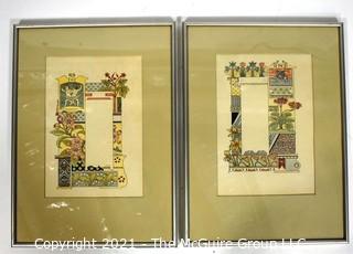 Two (2) Framed Under Glass Color Lithograph Illustrations Signed by Artist Eugène Grasset from Zodiac Book. Includes Gemini-The Twins & Pisces The Fish. Each measures 11" x 15