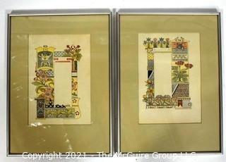 Two (2) Framed Under Glass Color Lithograph Illustrations Signed by Artist Eugène Grasset from Zodiac Book. Includes Gemini-The Twins & Pisces The Fish. Each measures 11" x 15