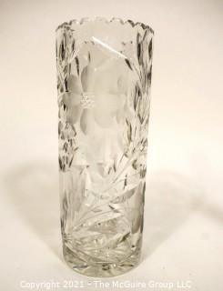 Antique Cylindrical Cut & Etched Crystal Glass Vase with Flower Pattern. Measures 10" tall by 4" in diameter. 