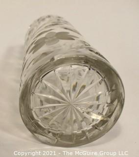 Antique Cylindrical Cut & Etched Crystal Glass Vase with Flower Pattern. Measures 10" tall by 4" in diameter. 