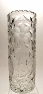 Antique Cylindrical Cut & Etched Crystal Glass Vase with Flower Pattern. Measures 10" tall by 4" in diameter. 